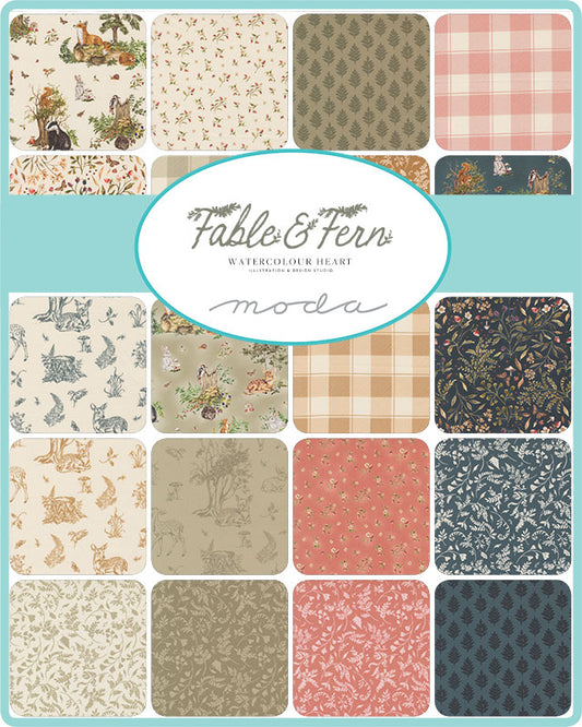 Fable & Fern quilting fabric collection by Watercolour Heart for Moda Fabrics featuring woodland animals and floral prints