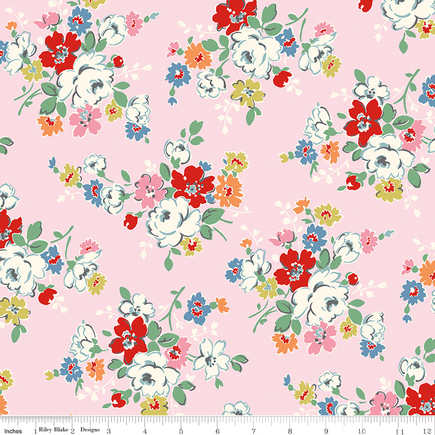 Cath Kidston Signature Clifton Rose Pink fabric print with ruler showing scale