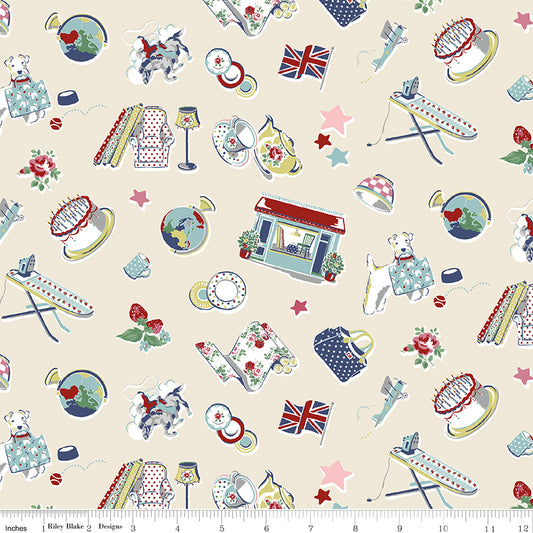 Cath Kidston Signature Icons Cream fabric print with ruler showing scale