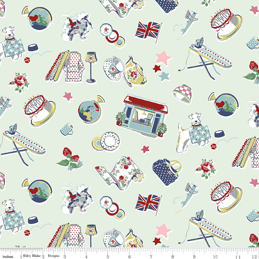 Cath Kidston Signature Icons Mist fabric print with ruler showing scale