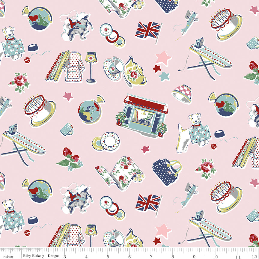 Cath Kidston Signature Icons Pink fabric print with ruler showing scale
