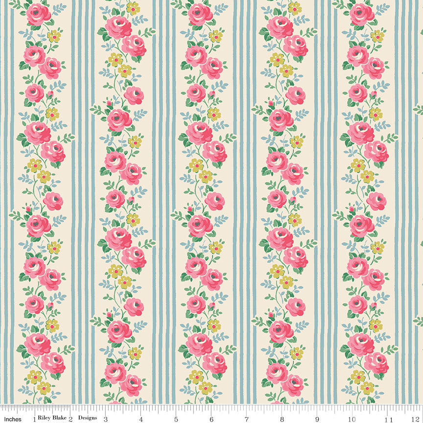 Cath Kidston Signature Stripe Blue fabric print with ruler showing scale