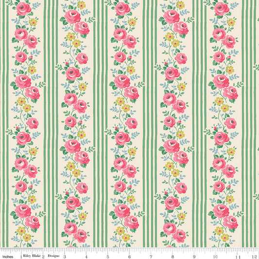 Cath Kidston Signature Stripe Green fabric print with ruler showing scale