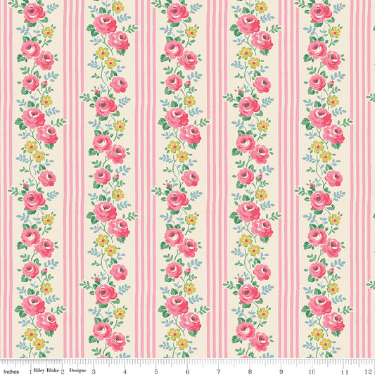 Cath Kidston Signature Stripe Pink fabric print with ruler showing scale