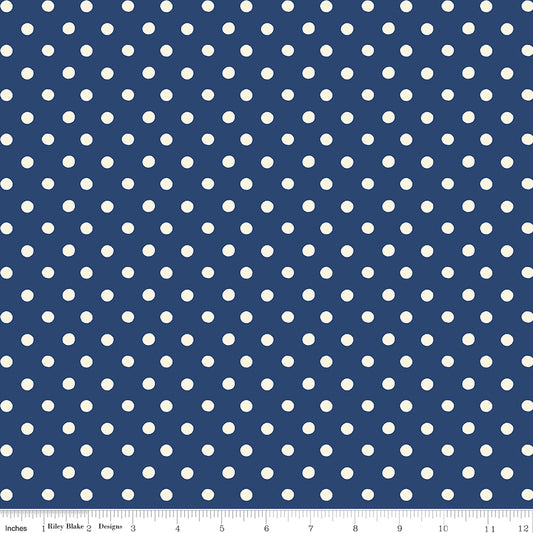 Cath Kidston Signature Button Spot Navy fabric print with ruler showing scale