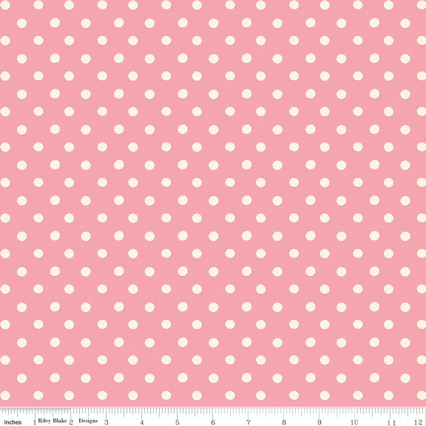 Cath Kidston Signature Button Spot Pink fabric print with ruler showing scale