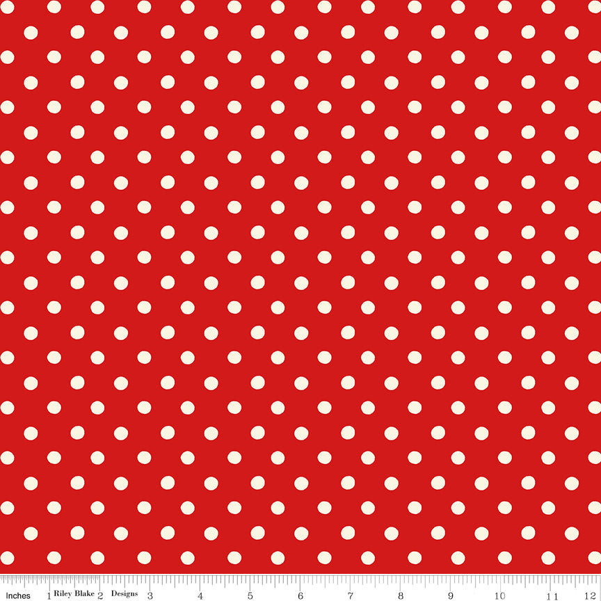 Cath Kidston Signature Button Spot Red fabric print with ruler showing scale