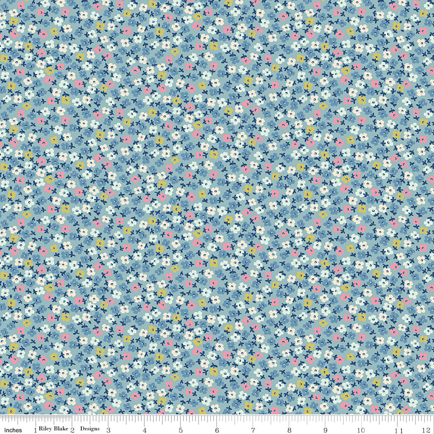 Cath Kidston Signature Teeny One Blue fabric print with ruler showing scale