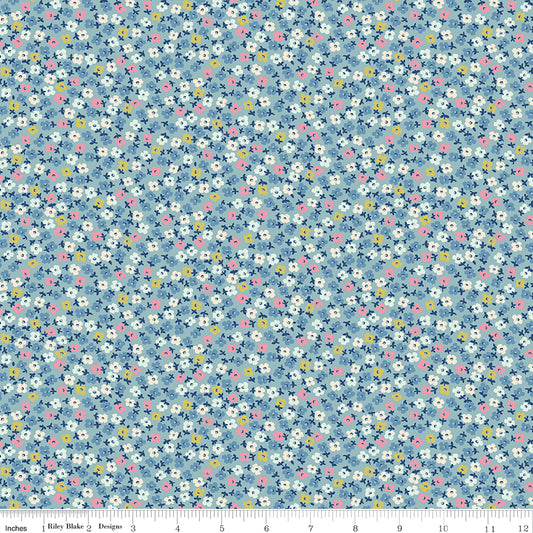 Cath Kidston Signature Teeny One Blue fabric print with ruler showing scale