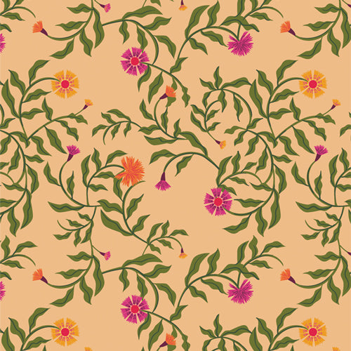Floral pattern with green leaves and pink and orange flowers on a beige background
