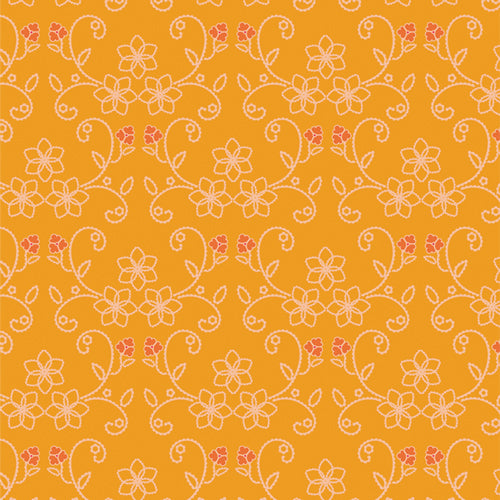 Floral pattern with white flowers and red centers on a yellow background