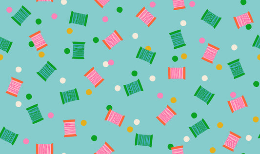 Spools in Cloudless quilting cotton showing full print repeat