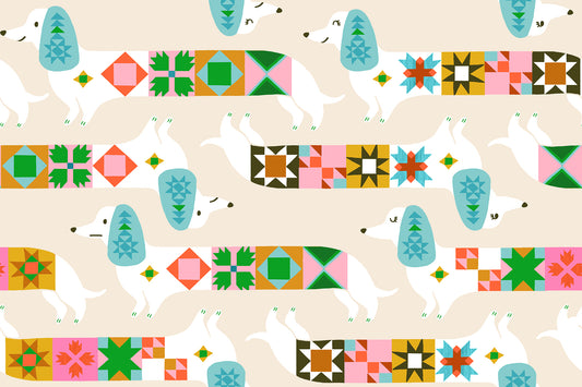Quilty Dog in Shell cotton quilting fabric showing full print repeat