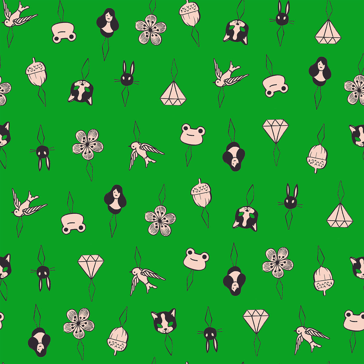 Thread Charms in Deep Verdant quilting cotton showing full print repeat