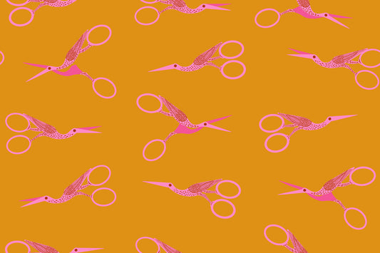 Stork Scissors in Honey quilting cotton fabric from 1-800 Notion by Ruby Star Society shown in full print repeat