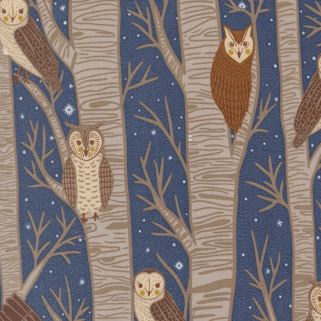 Owls in Trees on a blue background - Gingiber for Moda Fabrics