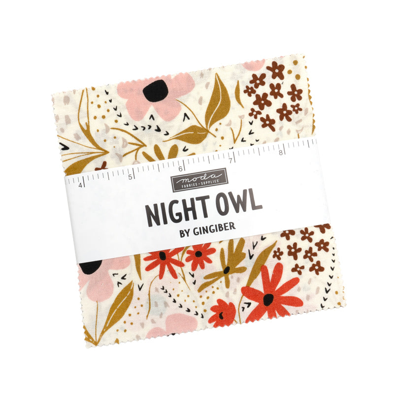Floral-patterned fabric with 'Night Owl by Gingiber' label on a white background