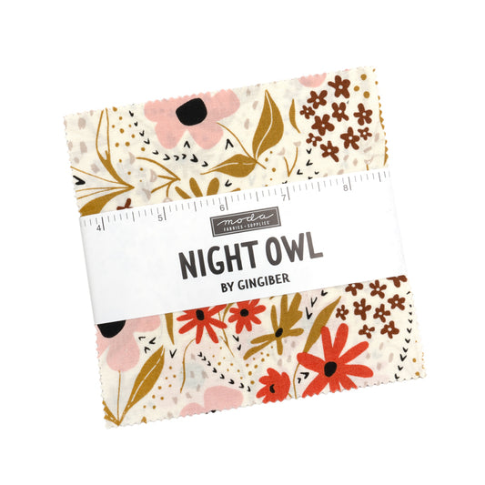 Floral-patterned fabric with 'Night Owl by Gingiber' label on a white background