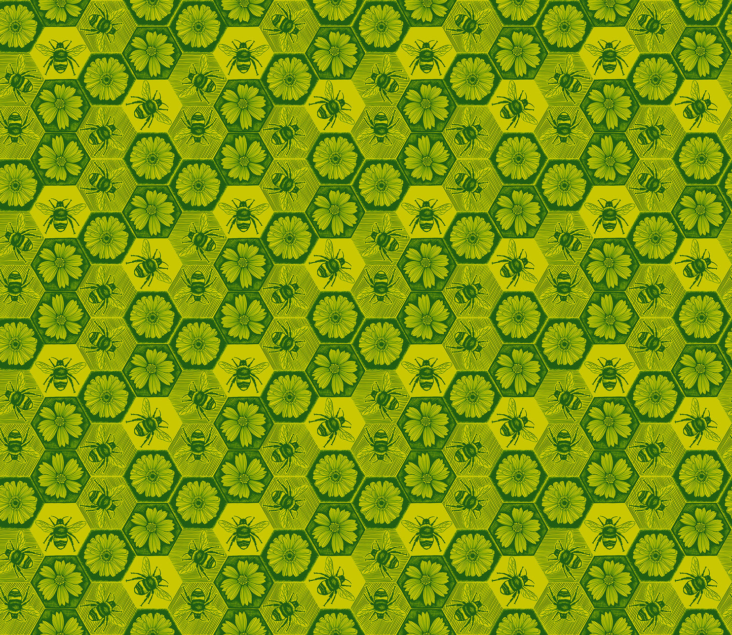 Hexagonal pattern with bees and flowers on a green background