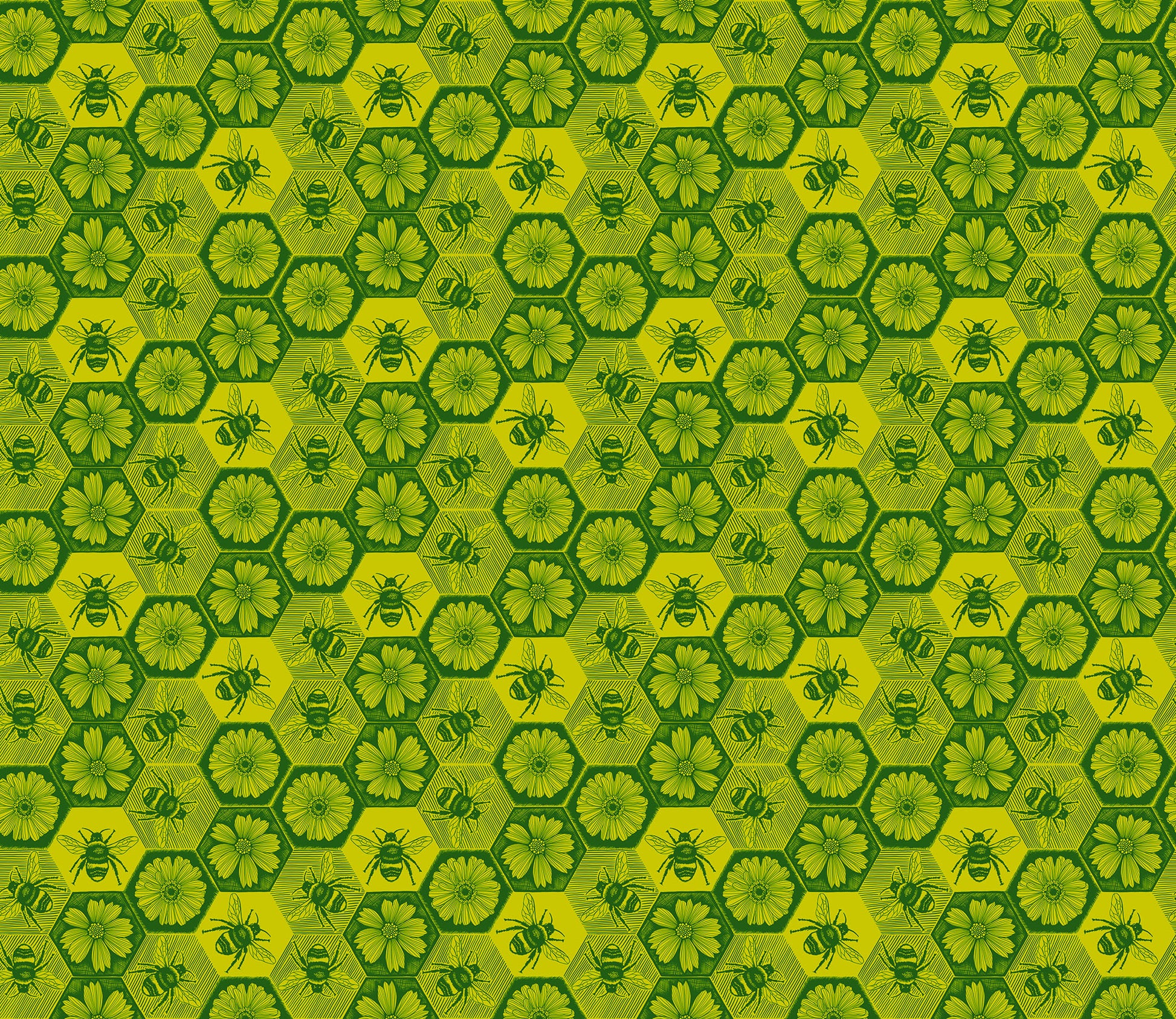 Hexagonal pattern with bees and flowers on a green background