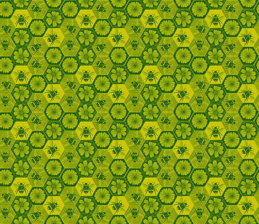 Hexagonal pattern with bees and flowers on a green background