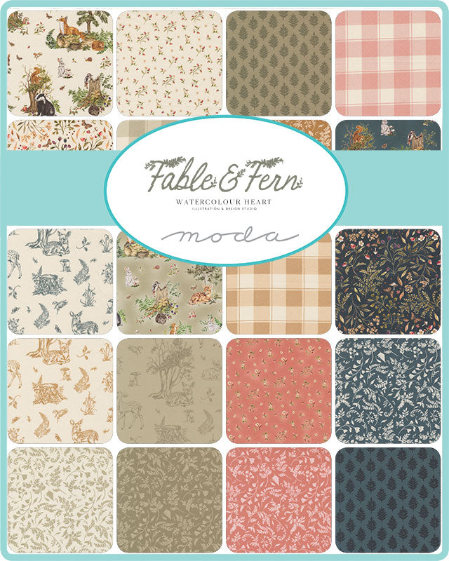 Fable & Fern quilting fabric collection by Watercolour Heart for Moda Fabrics featuring woodland animals and floral prints