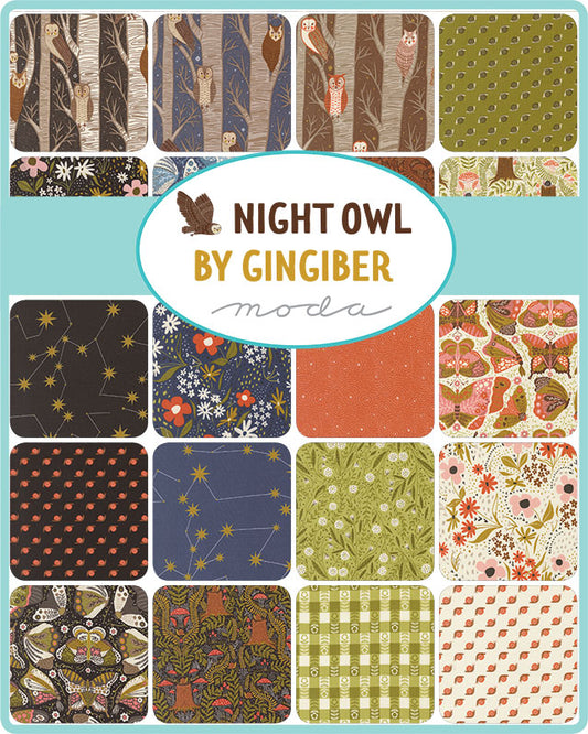 Collection of Night Owl by Gingiber fabric swatches with a central logo.