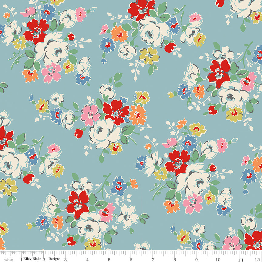Cath Kidston Signature Clifton Rose Blue fabric print with ruler showing scale