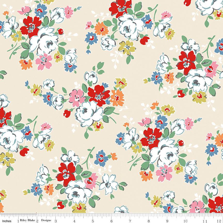 Cath Kidston Signature Clifton Rose Cream fabric print with ruler showing scale