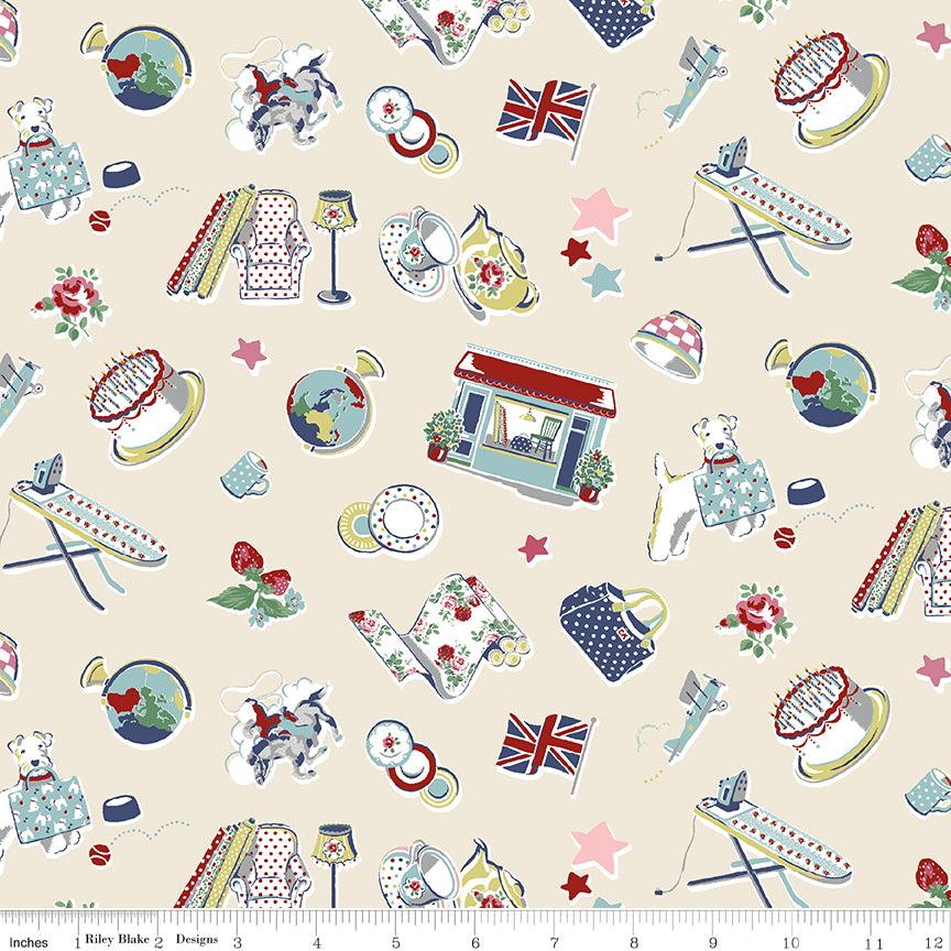 Cath Kidston Signature Icons Cream fabric print with ruler showing scale