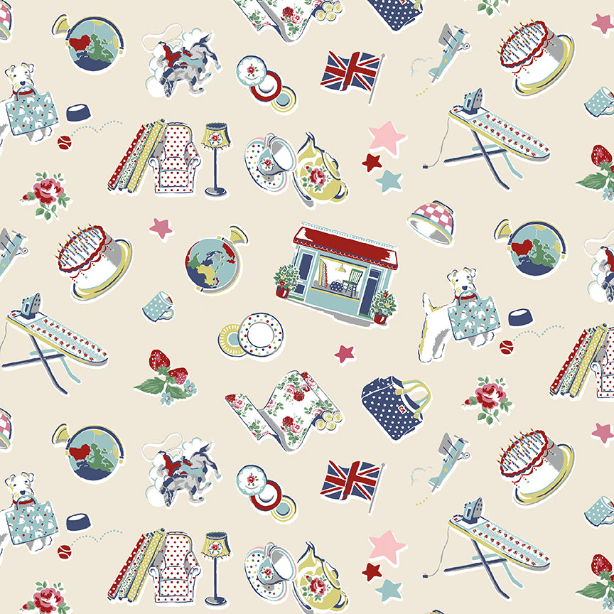 Cath Kidston Signature Icons Cream fabric by Cath Kidston for Riley Blake Designs