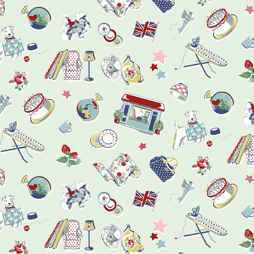 Cath Kidston Signature Icons Mist fabric by Cath Kidston for Riley Blake Designs