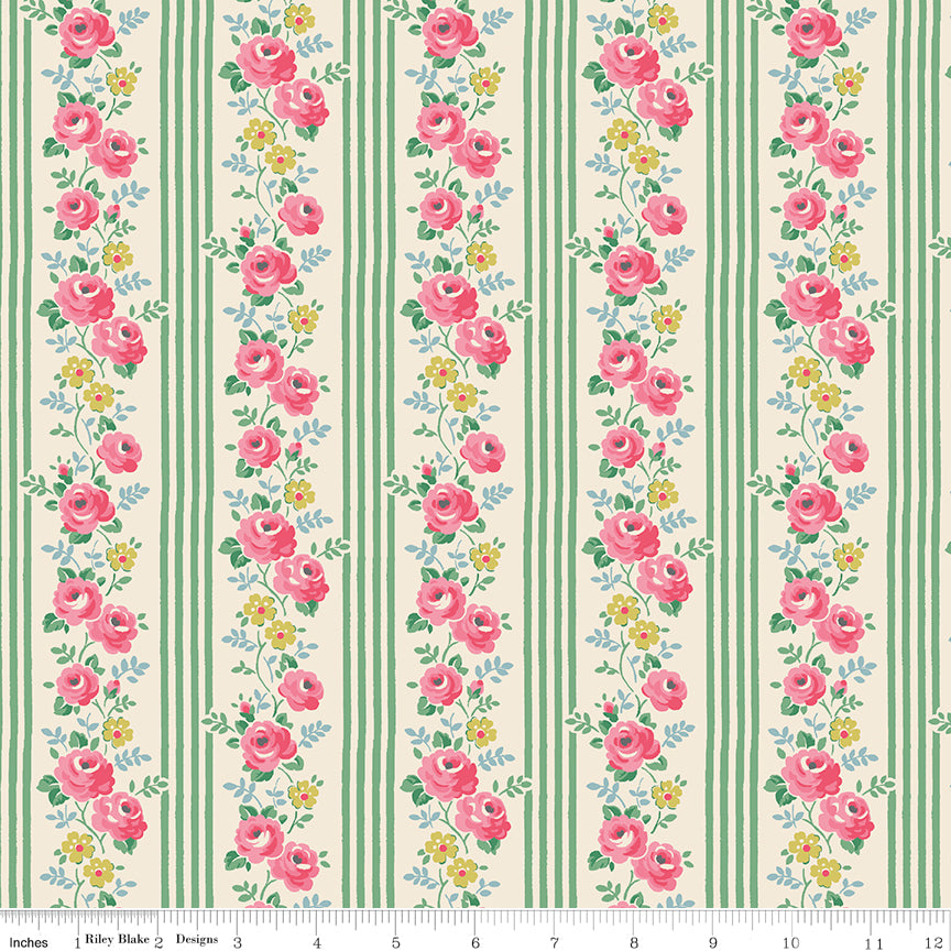 Cath Kidston Signature Stripe Green fabric print with ruler showing scale