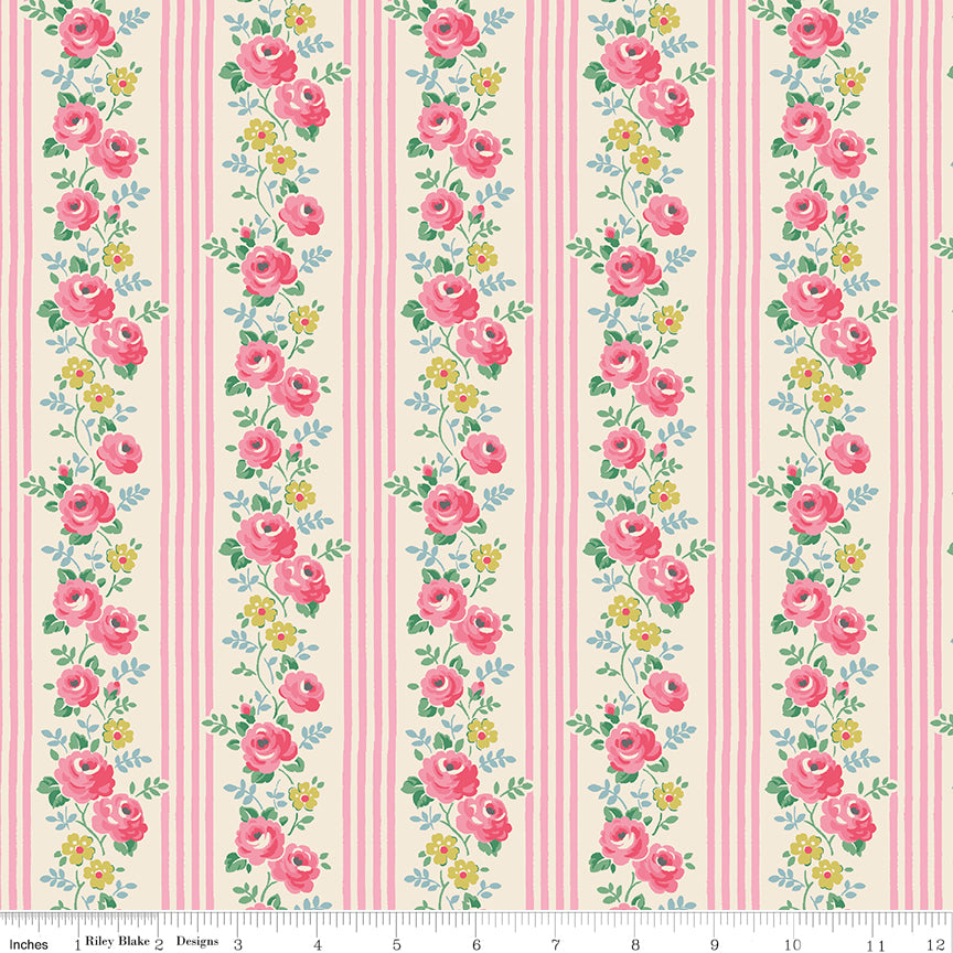 Cath Kidston Signature Stripe Pink fabric print with ruler showing scale