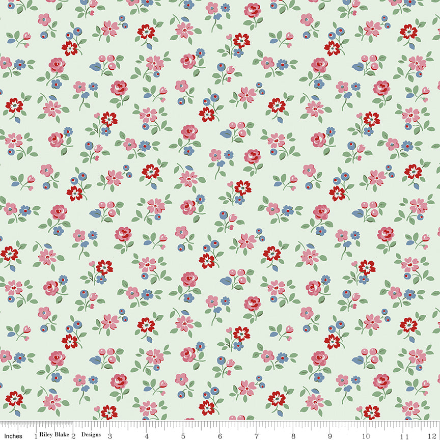 Cath Kidston Signature Arlington Ditsy Mist fabric print with ruler showing scale