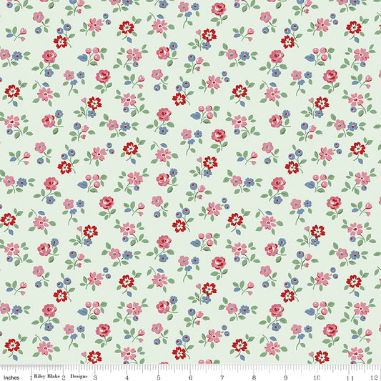 Cath Kidston Signature Arlington Ditsy Mist fabric print with ruler showing scale