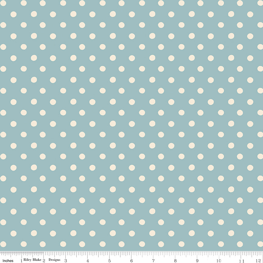 Cath Kidston Signature Button Spot Blue fabric print with ruler showing scale