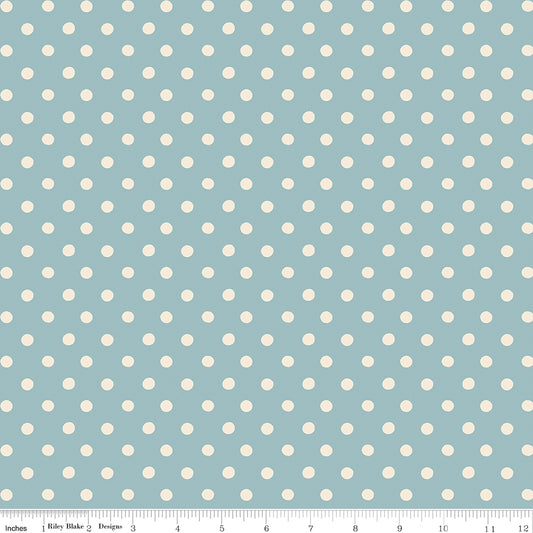 Cath Kidston Signature Button Spot Blue fabric print with ruler showing scale
