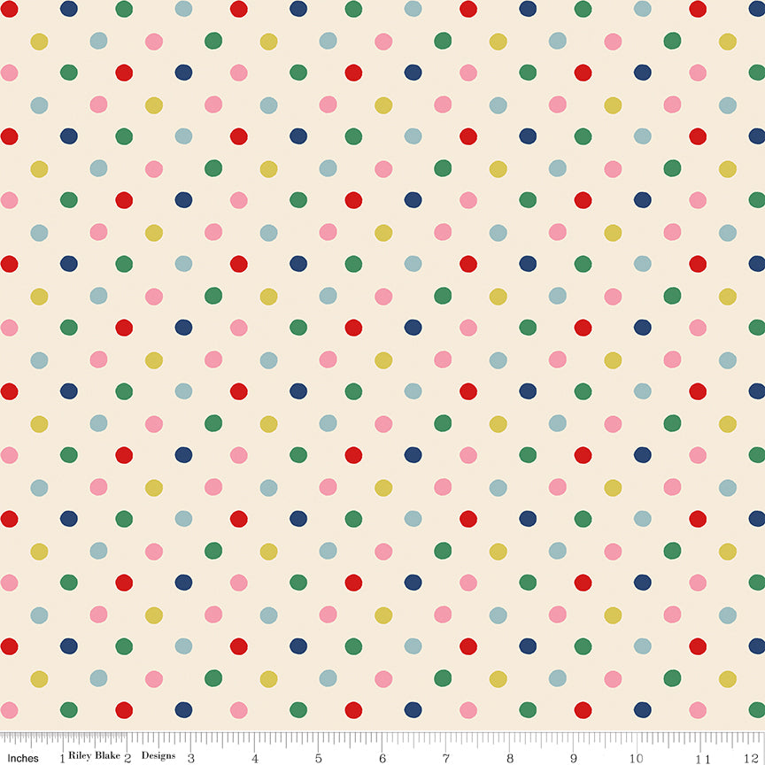 Cath Kidston Signature Button Spot Multi fabric print with ruler showing scale