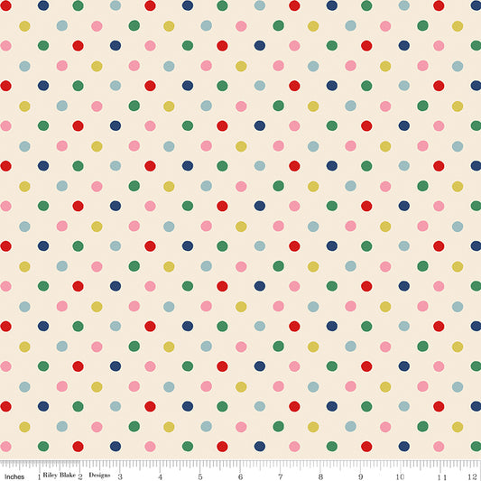 Cath Kidston Signature Button Spot Multi fabric print with ruler showing scale