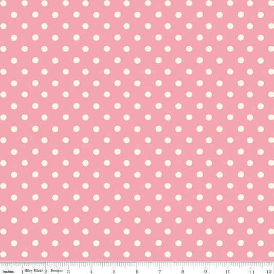 Cath Kidston Signature Button Spot Pink fabric print with ruler showing scale