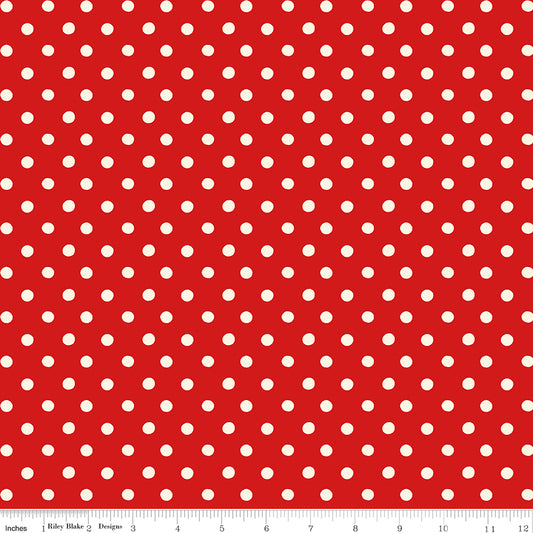 Cath Kidston Signature Button Spot Red fabric print with ruler showing scale