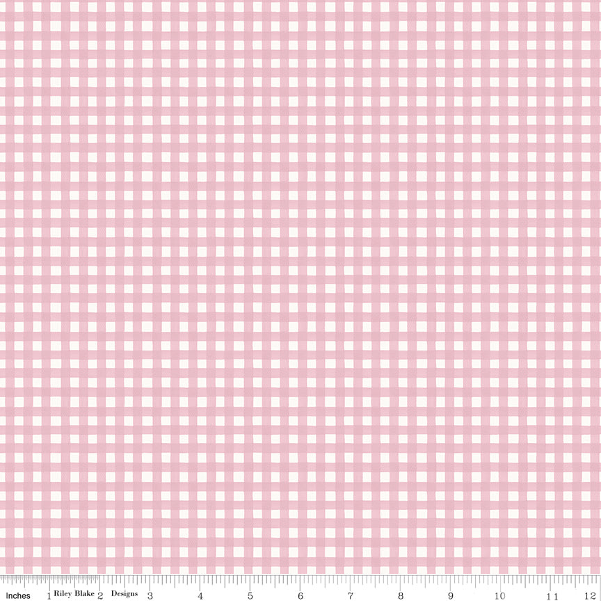 Cath Kidston Signature Gingham Pink fabric print with ruler showing scale