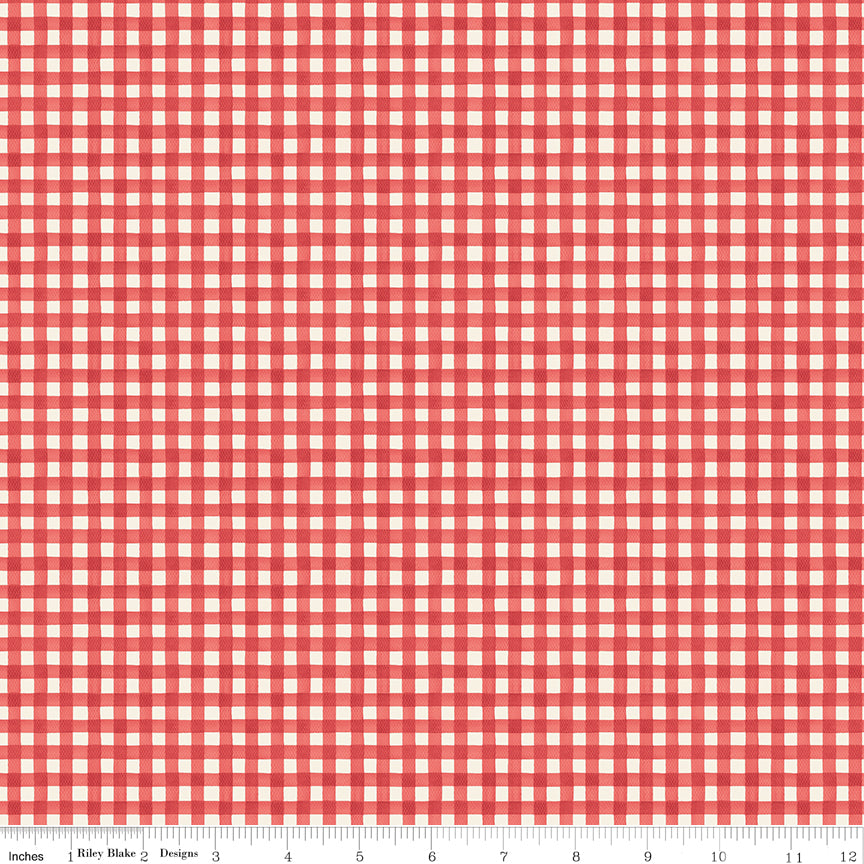 Cath Kidston Signature Gingham Red fabric print with ruler showing scale