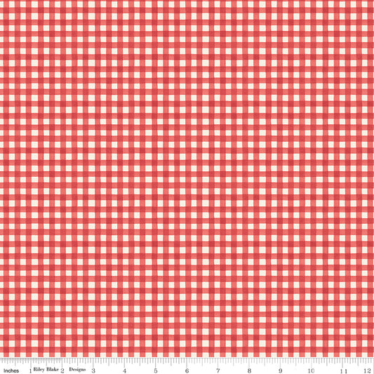 Cath Kidston Signature Gingham Red fabric print with ruler showing scale