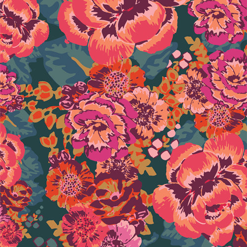Colorful floral pattern with pink, orange, and purple flowers on a green background