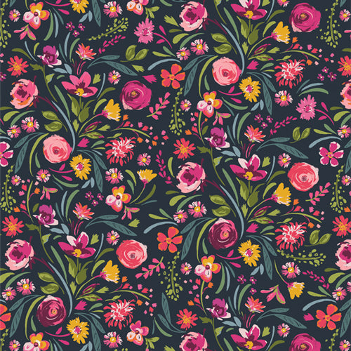 Pink, gold and orange floral blooms on navy background