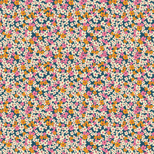 Art Gallery Fabrics - Ditsy floral in cream, pink and gold on navy background.