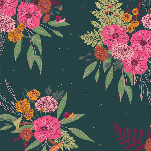 Floral pattern with pink, orange, and green flowers on a dark green background