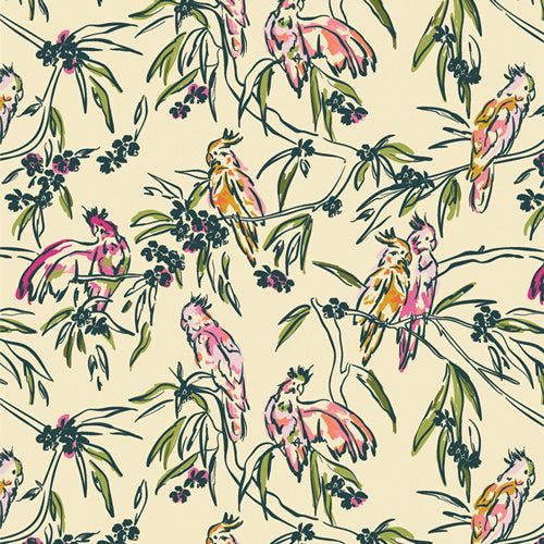 Pattern of colorful birds and branches on a beige background